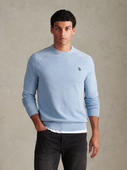 Mens Moss Stitch Raglan Crew Neck Jumper Parisian Blue Marl
