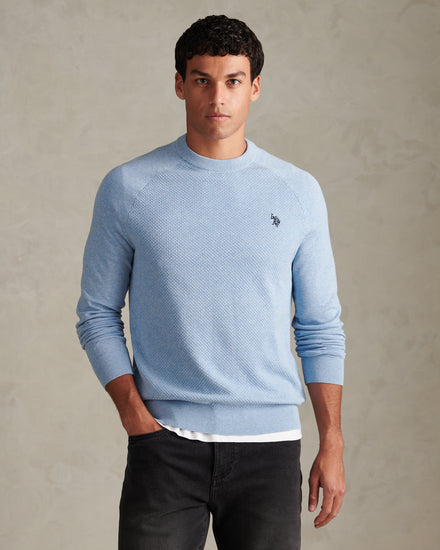 Mens Moss Stitch Raglan Crew Neck Jumper Parisian Blue Marl