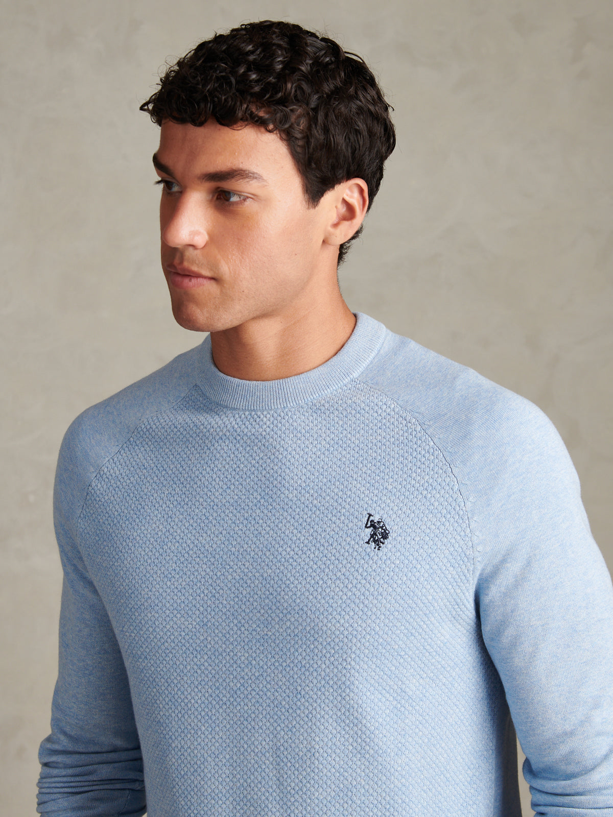 Mens Moss Stitch Raglan Crew Neck Jumper Parisian Blue Marl