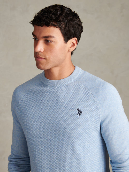 Mens Moss Stitch Raglan Crew Neck Jumper Parisian Blue Marl