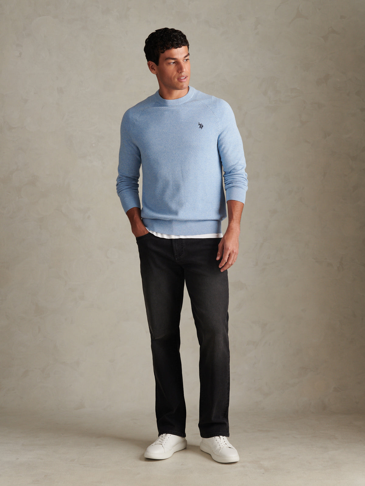 Mens Moss Stitch Raglan Crew Neck Jumper Parisian Blue Marl