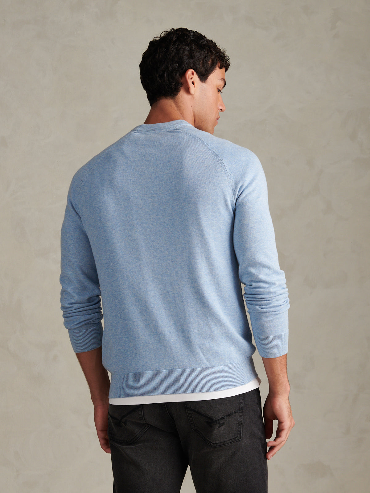 Mens Moss Stitch Raglan Crew Neck Jumper Parisian Blue Marl