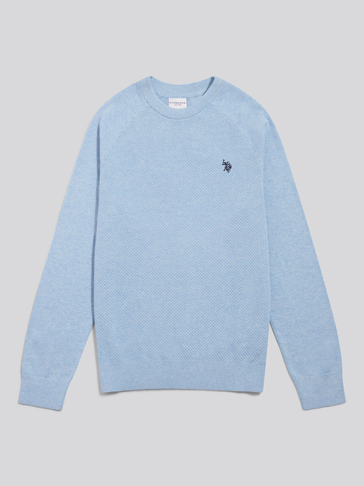 Mens Moss Stitch Raglan Crew Neck Jumper Parisian Blue Marl