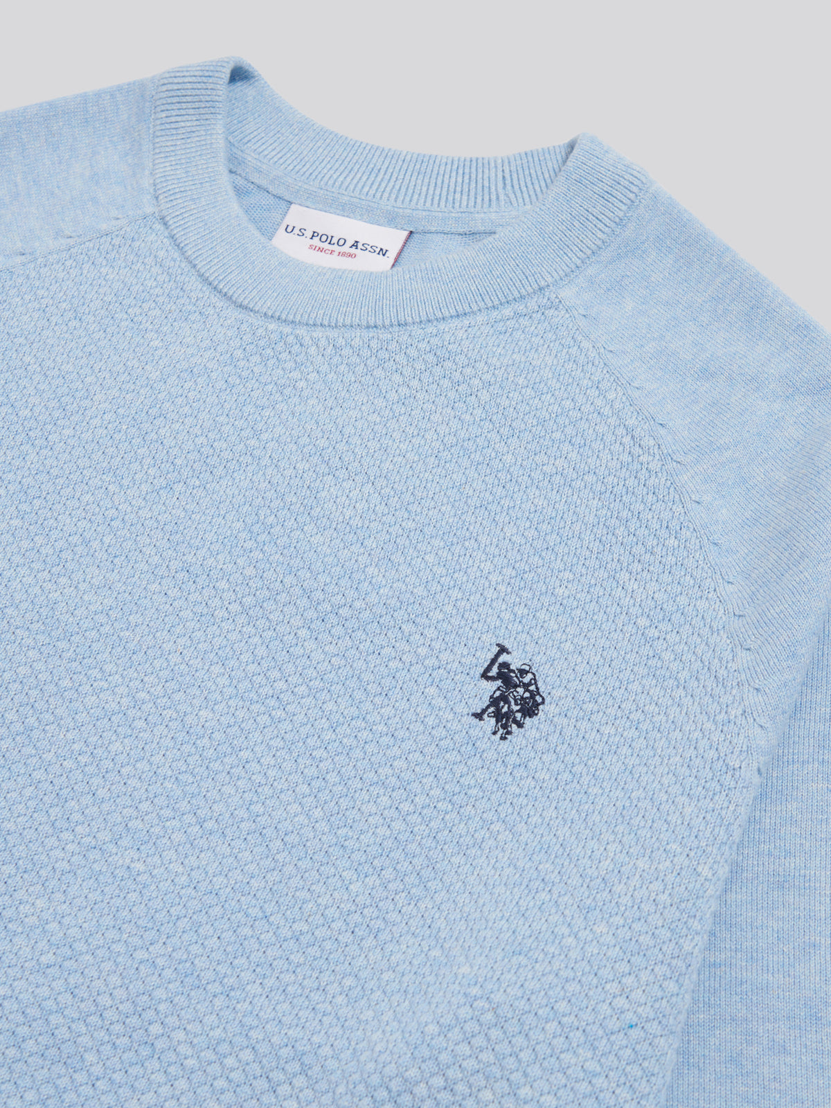 Mens Moss Stitch Raglan Crew Neck Jumper Parisian Blue Marl
