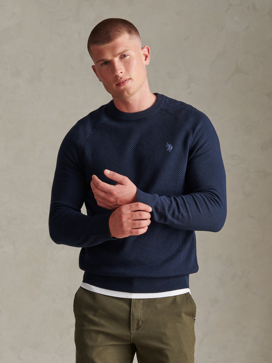 Mens Moss Stitch Raglan Crew Neck Jumper Dark Sapphire Navy / Moonlight Blue DHM