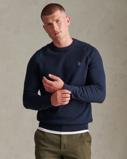 Mens Moss Stitch Raglan Crew Neck Jumper Dark Sapphire Navy / Moonlight Blue DHM