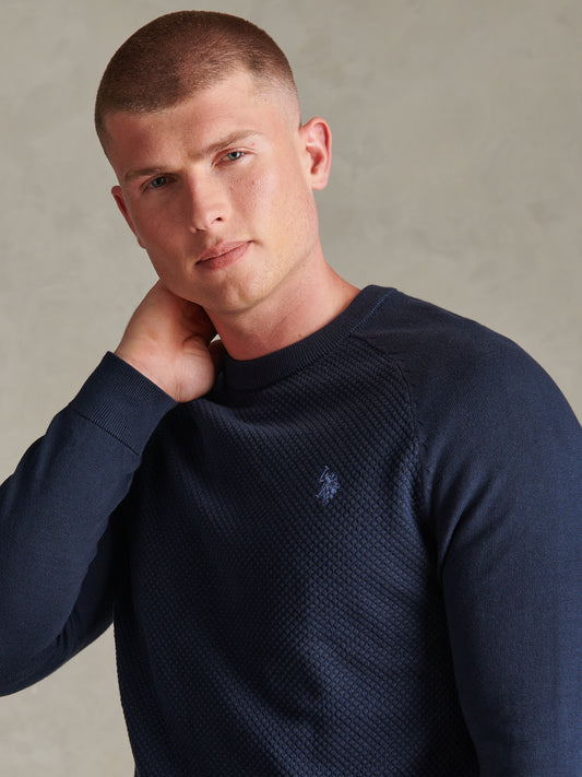 Mens Moss Stitch Raglan Crew Neck Jumper Dark Sapphire Navy / Moonlight Blue DHM