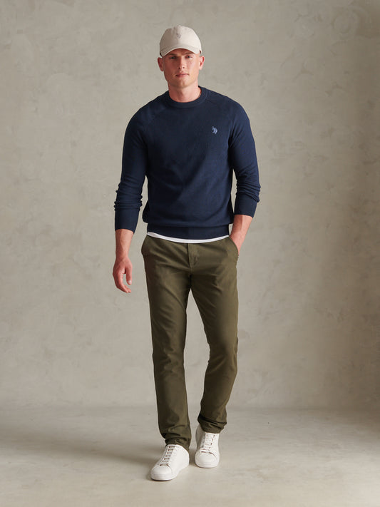 Mens Moss Stitch Raglan Crew Neck Jumper Dark Sapphire Navy / Moonlight Blue DHM
