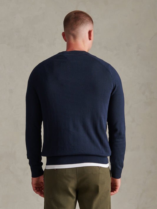 Mens Moss Stitch Raglan Crew Neck Jumper Dark Sapphire Navy / Moonlight Blue DHM