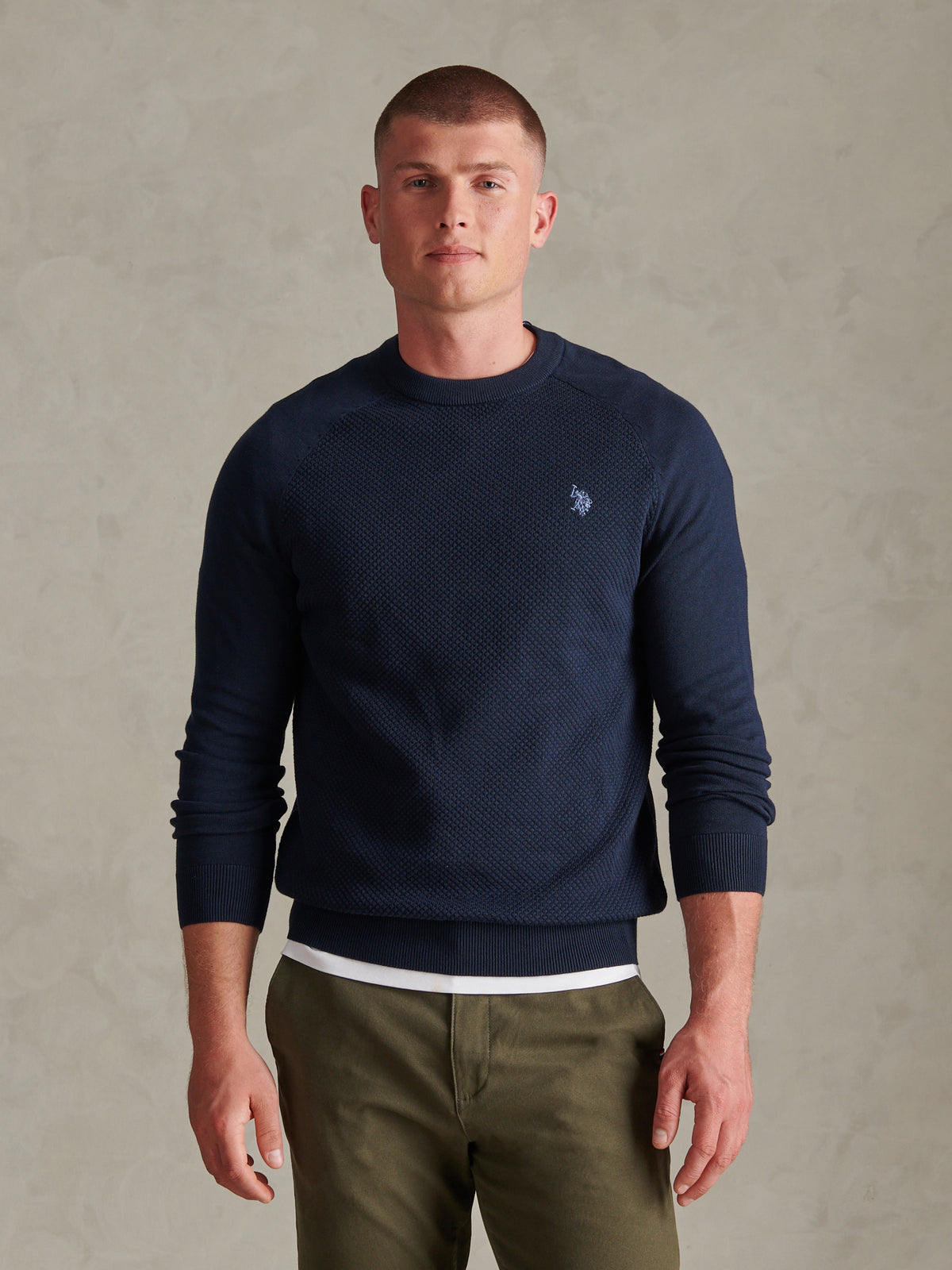 Mens Moss Stitch Raglan Crew Neck Jumper Dark Sapphire Navy / Moonlight Blue DHM