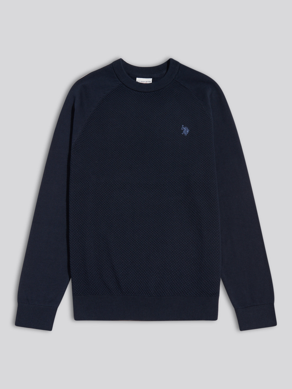 Mens Moss Stitch Raglan Crew Neck Jumper Dark Sapphire Navy / Moonlight Blue DHM