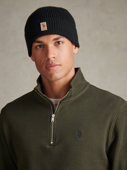 Mens Signature Double Horsemen Knit Beanie Black