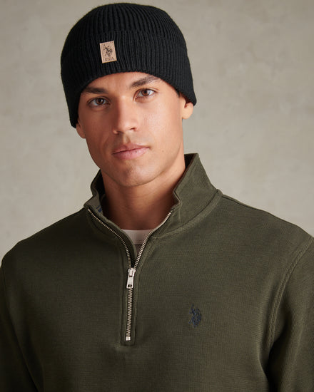 Mens Signature Double Horsemen Knit Beanie Black