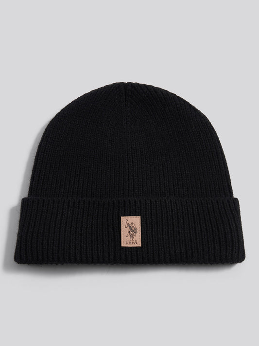Mens Signature Double Horsemen Knit Beanie in Black