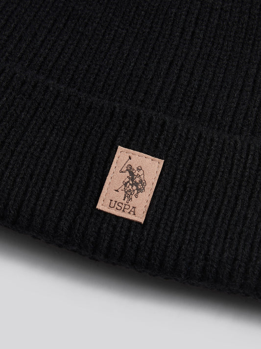 Mens Signature Double Horsemen Knit Beanie in Black
