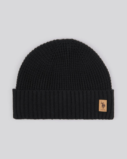 Mens Fleece Lined Waffle Knit Beanie in Black