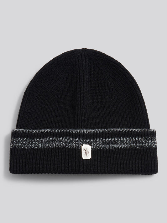 Mens Stripe Tipping Rib Knit Beanie in Black