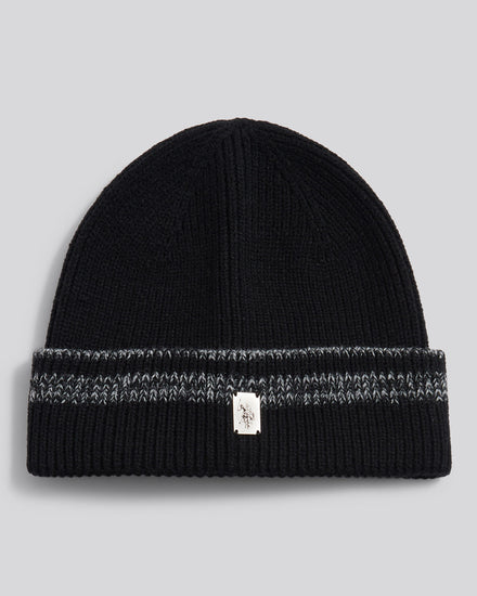 Mens Stripe Tipping Rib Knit Beanie in Black
