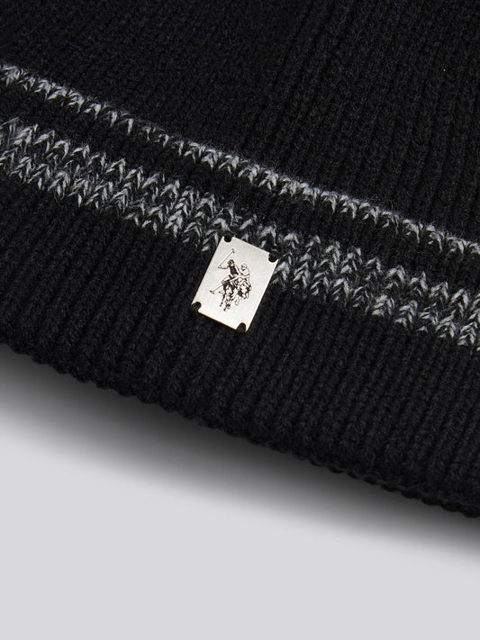 Mens Stripe Tipping Rib Knit Beanie in Black