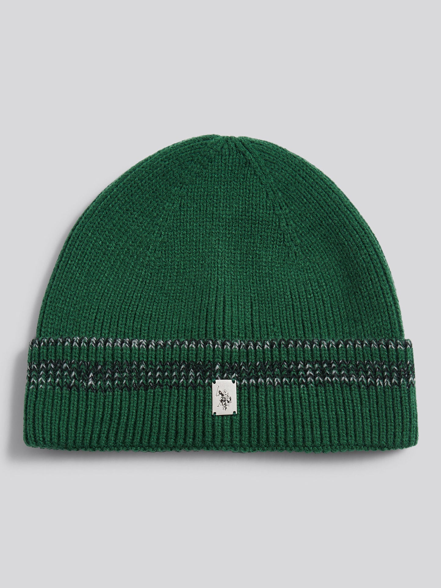 Mens Stripe Tipping Rib Knit Beanie in Pineneedle