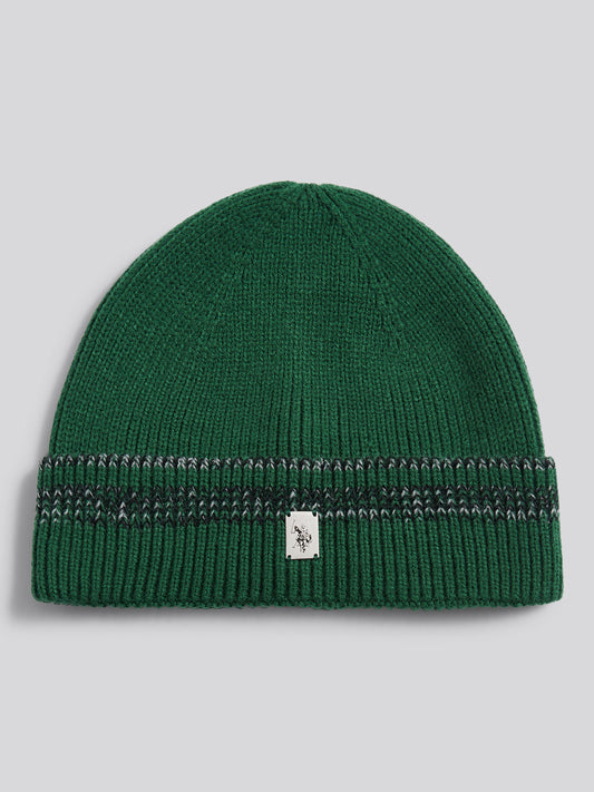 Mens Stripe Tipping Rib Knit Beanie in Pineneedle