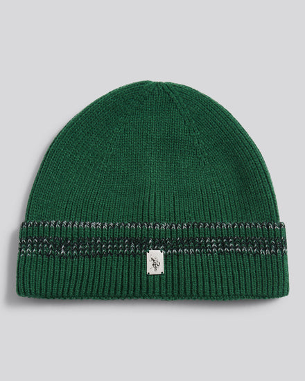 Mens Stripe Tipping Rib Knit Beanie in Pineneedle