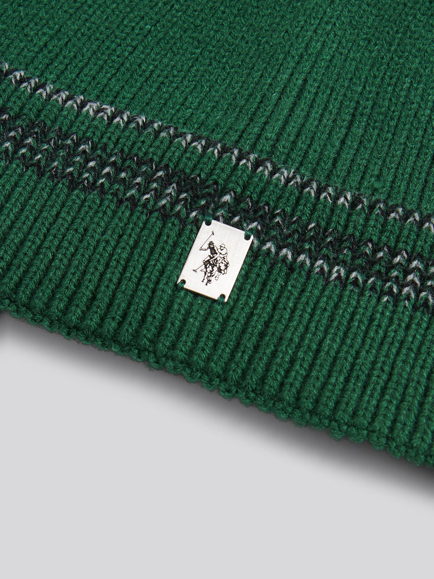 Mens Stripe Tipping Rib Knit Beanie in Pineneedle