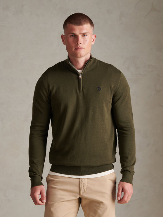 Mens Cotton Quarter Zip Funnel Jumper Forest Night