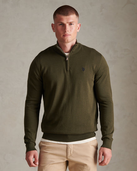 Mens Cotton Quarter Zip Funnel Jumper Forest Night