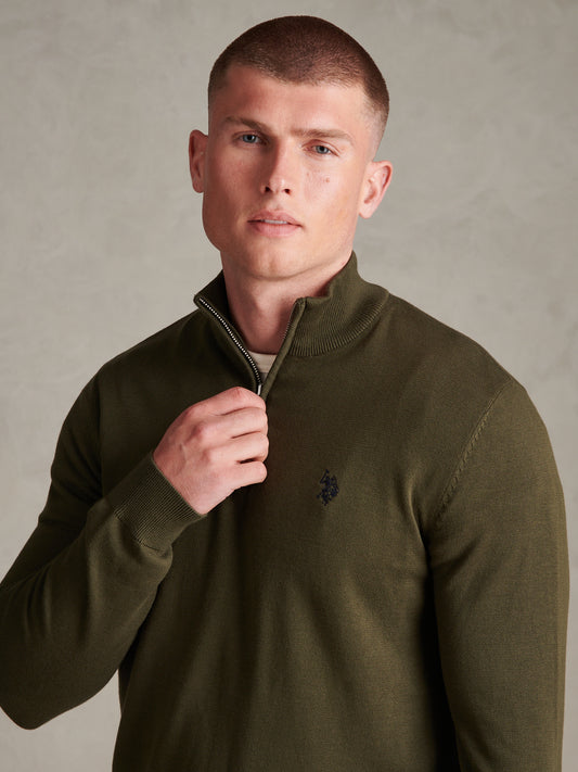 Mens Cotton Quarter Zip Funnel Jumper Forest Night
