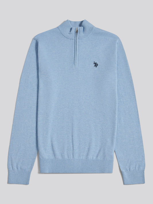 Mens Cotton Quarter Zip Funnel Jumper Parisian Blue Marl