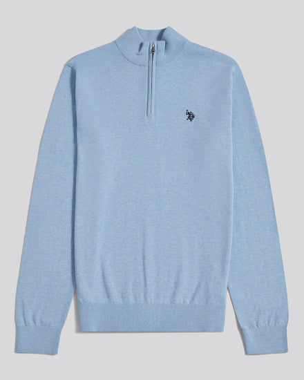 Mens Cotton Quarter Zip Funnel Jumper Parisian Blue Marl