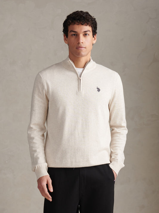 Mens Cotton Quarter Zip Funnel Jumper Birch Marl