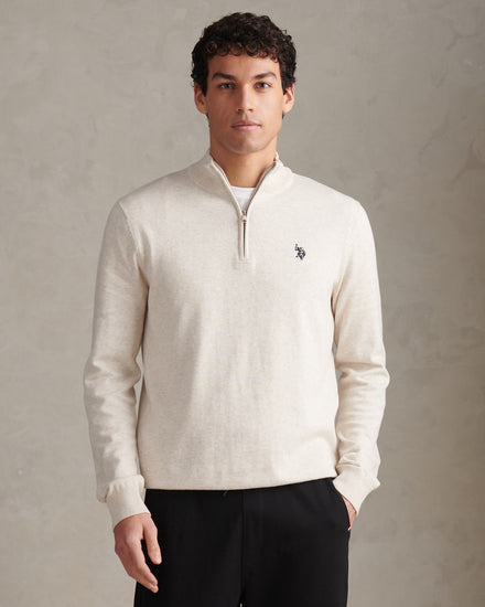 Mens Cotton Quarter Zip Funnel Jumper Birch Marl