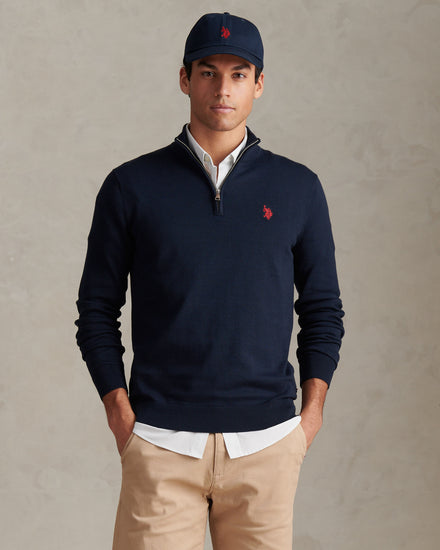 Mens Cotton Quarter Zip Funnel Jumper Dark Sapphire Navy / Haute Red DHM
