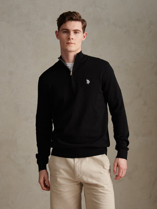 Mens Cotton Quarter Zip Funnel Jumper Black Bright White DHM