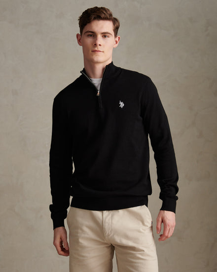 Mens Cotton Quarter Zip Funnel Jumper Black Bright White DHM