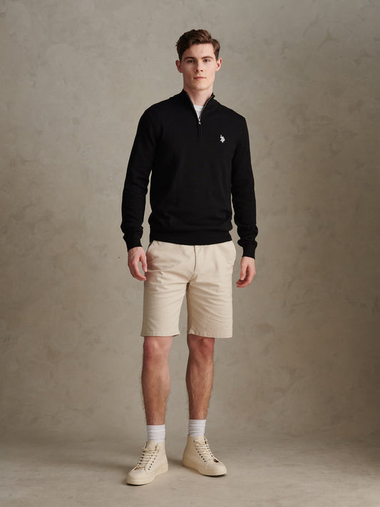 Mens Cotton Quarter Zip Funnel Jumper Black Bright White DHM