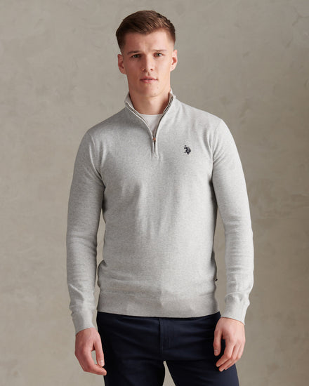 Mens Cotton Quarter Zip Funnel Jumper Mid Grey Marl