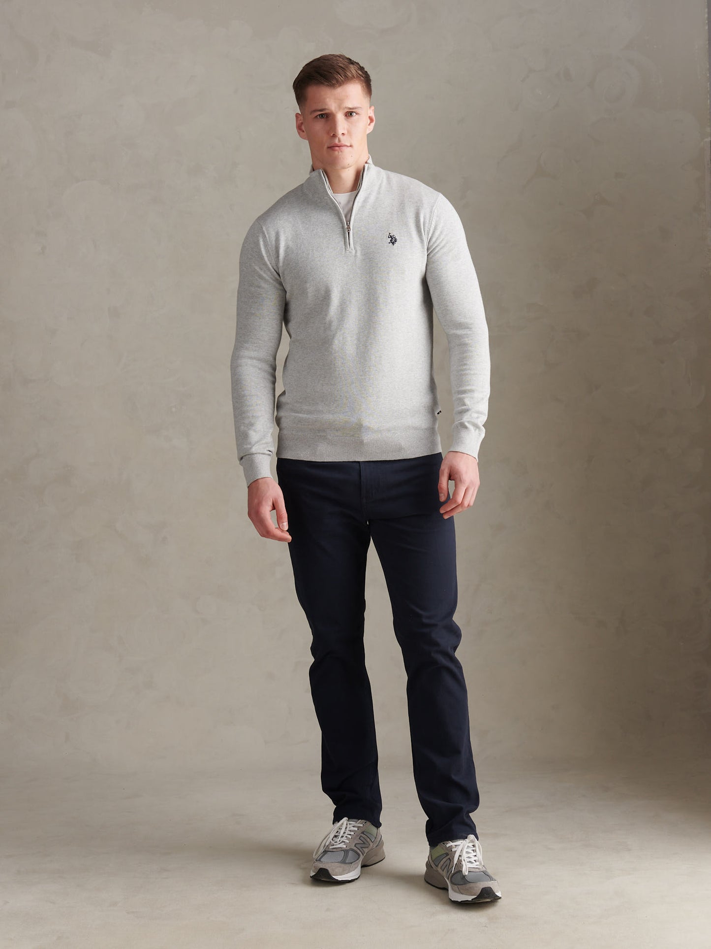 Mens Cotton Quarter Zip Funnel Jumper Mid Grey Marl