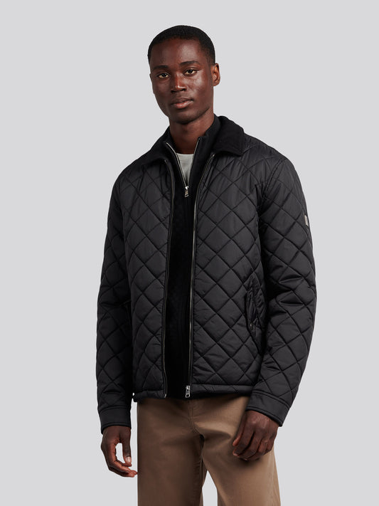 Mens Diamond Quilt Padded Collared Jacket in Black