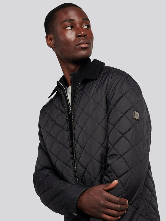 Mens Diamond Quilt Padded Collared Jacket in Black