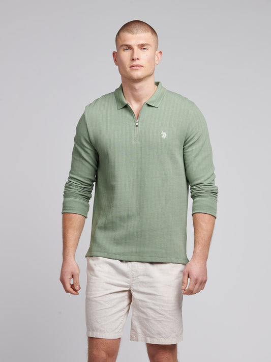 Mens Texture Zip Long Sleeve Polo Shirt in Green Bay