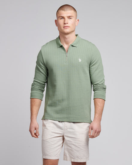 Mens Texture Zip Long Sleeve Polo Shirt in Green Bay