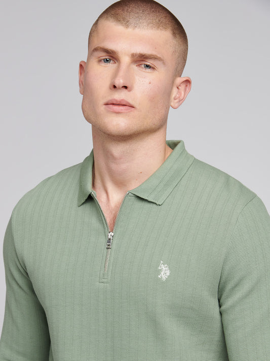 Mens Texture Zip Long Sleeve Polo Shirt in Green Bay