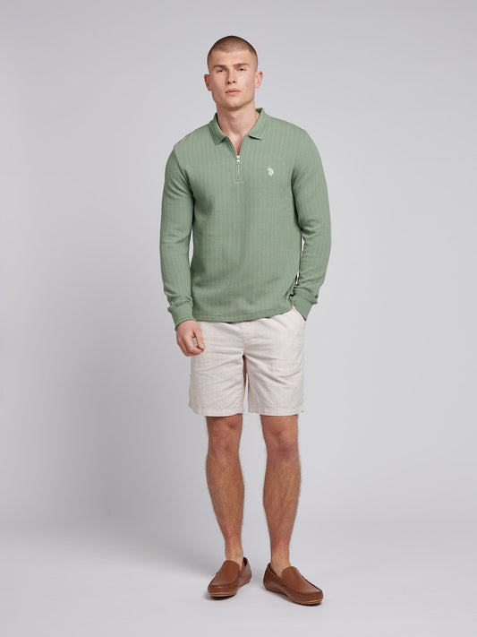 Mens Texture Zip Long Sleeve Polo Shirt in Green Bay