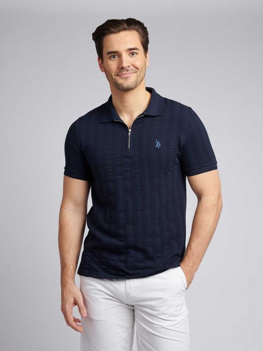 Mens Stripe Textured Zip Polo Shirt in Dark Sapphire Navy / Moonlight Blue DHM