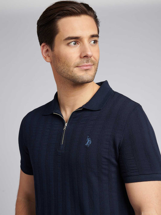 Mens Stripe Textured Zip Polo Shirt in Dark Sapphire Navy / Moonlight Blue DHM