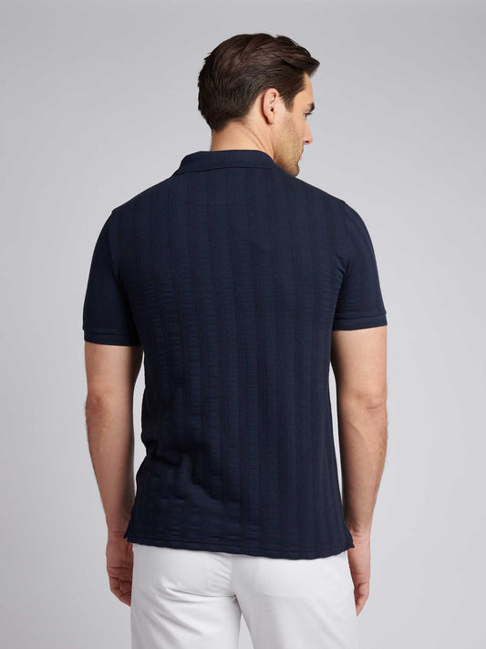 Mens Stripe Textured Zip Polo Shirt in Dark Sapphire Navy / Moonlight Blue DHM