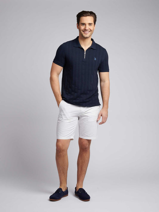 Mens Stripe Textured Zip Polo Shirt in Dark Sapphire Navy / Moonlight Blue DHM